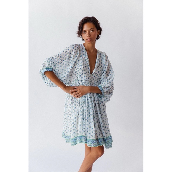 NWT Daughters Of India Kyra Mini‎ Dress in Azure Blue & White Floral - Picture 2 of 12